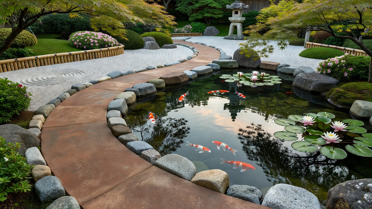 鯉の泳ぐ池のほとりを通る粘土の小径
