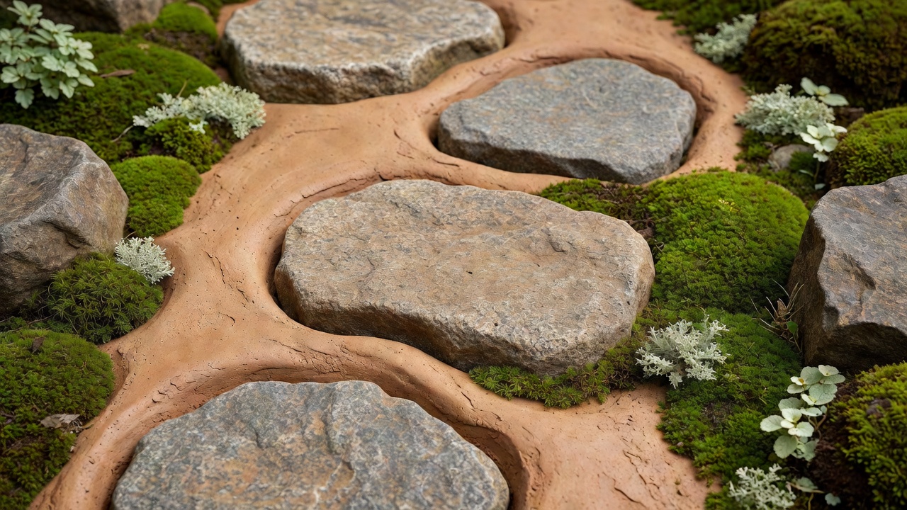 石と粘土が織り合う小径のディテール